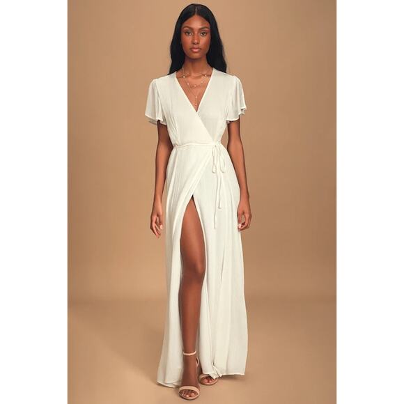 Lulus Dresses & Skirts - Lulus White Wrap Maxi Dress Flutter Sleeve Tie Waist Slit Boho Women’s M